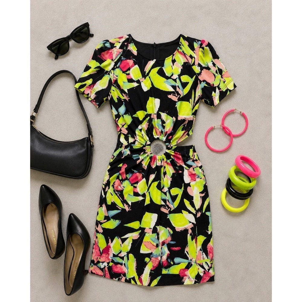 Nicole Miller Studio Neon Abstract O-Ring Cutout Dress